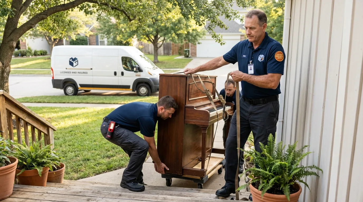 Licensed piano movers securing grand piano in Akron, OH