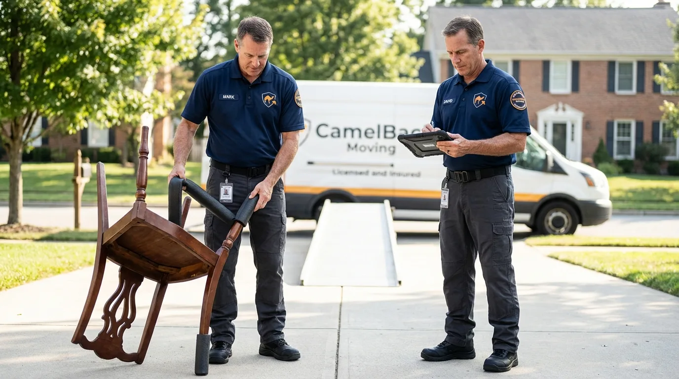 Movers inspecting furniture for damage prevention before loading in Akron, OH